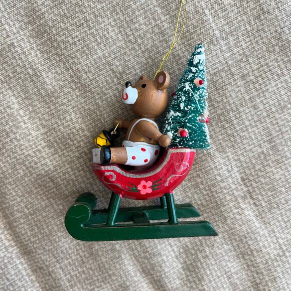 Vintage Hand Painted Teddy Bear on a Sled w/ Christmas Tree Ornament 4" - Picture 1 of 7